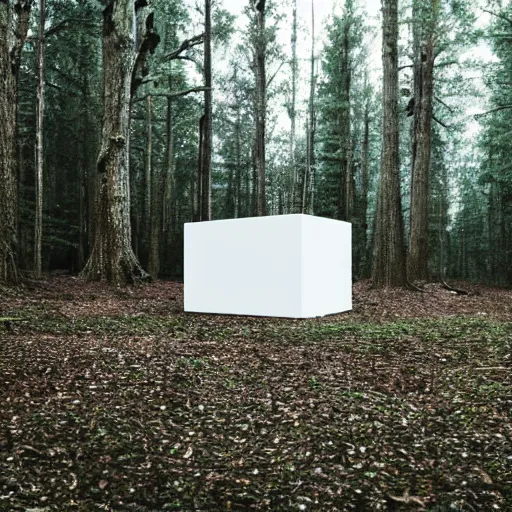 Prompt: photograph of a white concrete cube sitting in the middle of a forest clearing