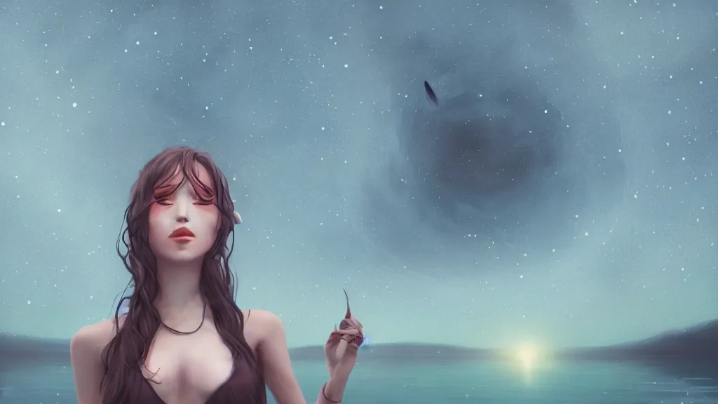 Image similar to whimsical, a single beautiful playful woman, standing in a lake, under the stars, with a binary black hole with a ring in the sky, by Lois van Baarle, by Greg Rutkowski, by Ilya Kuvsninov, cinematic angle, face enhance, volumetric lighting, cinematic lighting, digital art, 4k resolution, octane render, trending on artstation, masterpiece