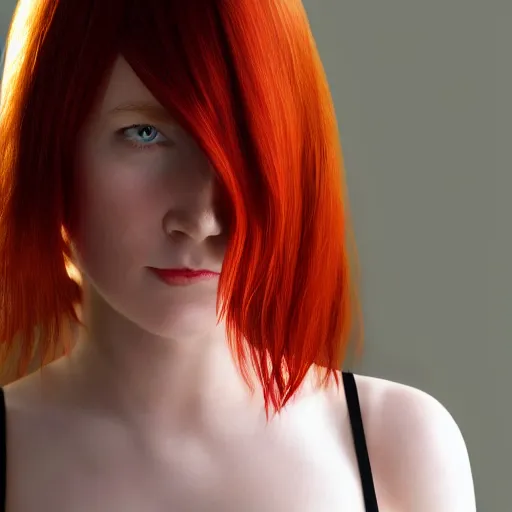 Image similar to red haired woman looking back at the camera, hyper realistic