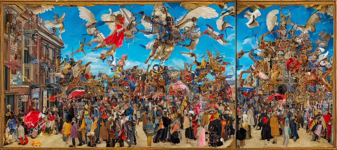 Prompt: mechanical angels descend from heaven in the middle of a small town during a carnival, surreal, quirky, highly detailed, colorful, dramatic, by h. r. van dongen, by wojtek siudmak, by jan van eyck, by frank r. paul - h 5 1 2