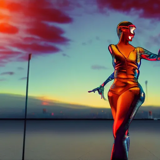 Prompt: cyberpunk woman dancing in front of sunset, hyperrealism