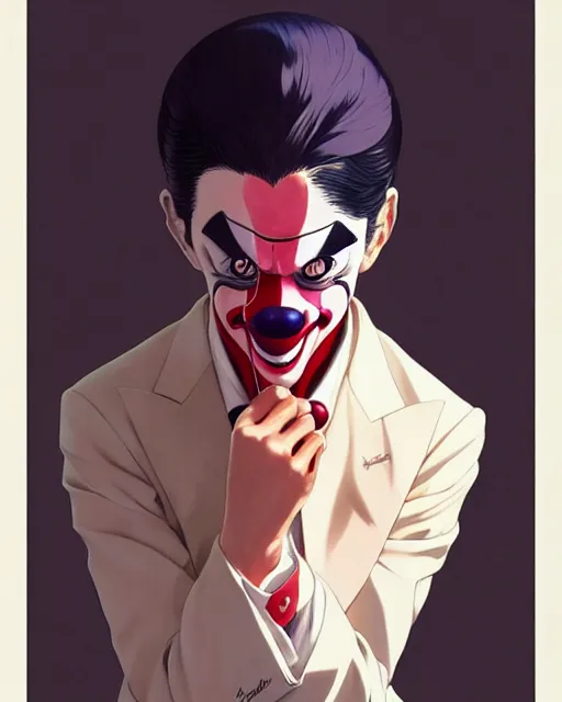 Image similar to clown in a suit | | very very anime!!!, fine - face, audrey plaza, realistic shaded perfect face, fine details. anime. realistic shaded lighting poster by ilya kuvshinov katsuhiro otomo ghost - in - the - shell, magali villeneuve, artgerm, jeremy lipkin and michael garmash and rob rey
