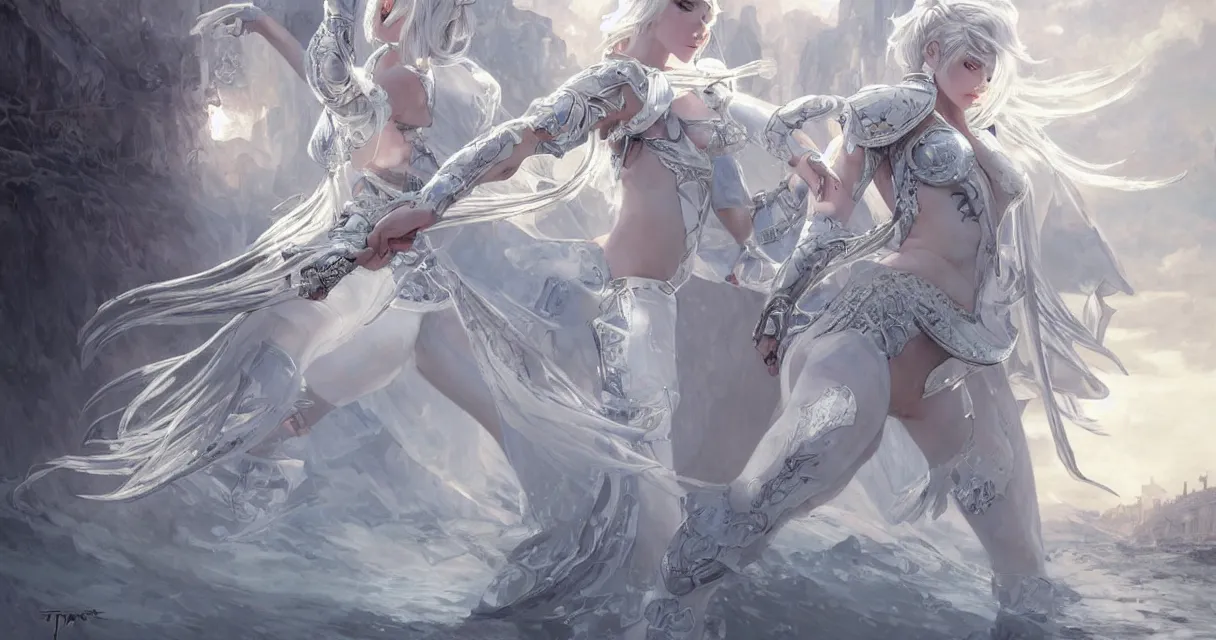 Image similar to white hair knight of zodiac girl, sliver ice color reflected armor, taekwondo dance in ruined agora of athens sunrise, ssci - fi and fantasy, intricate and very very beautiful and elegant, highly detailed, digital painting, artstation, concept art, smooth and sharp focus, illustration, art by tian zi and wlop and alphonse mucha