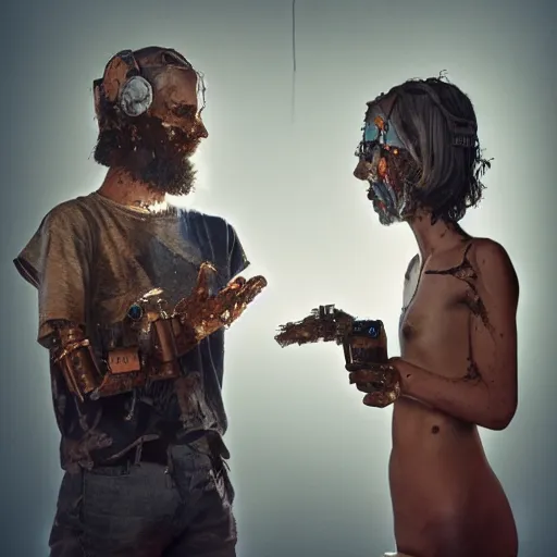 Prompt: a photo portrait of a dirty hobo creating a robogirl from the empty beer bottles and cardboard boxes. symmetry, awesome exposition, very detailed, highly accurate, professional lighting diffracted lightrays, 8 k, sense of awe