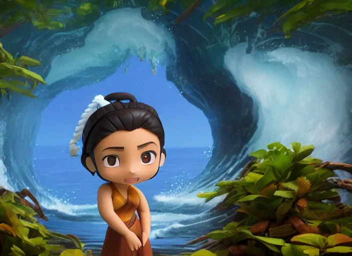 Image similar to katara from avatar as nendoroid is summoning a giant wave from a like in a forest, in the croods movie style, anime, disney, pixar, 8 k, hd, dof, kodak film, volumetric lighting, subsurface scattering, photorealistic, octane render, details