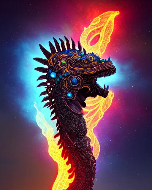 Image similar to 3 d ornate carved dark cosmic horse with profile portrait, sigma 5 0 0 mm f / 5. beautiful intricate highly detailed quetzalcoatl skull. bioluminescent, plasma, lava, ice, water, wind, creature, thunderstorm! artwork by tooth wu and wlop and beeple and greg rutkowski, 8 k trending on artstation