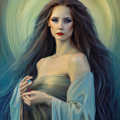 Image similar to portrait of a female wizard in flowing sensual dress, long flowing hair, delicate, looking at camera, slightly smiling, realistic face, stylish, elegant, extremely detailed painting inspired by Gerald Brom, studio lighting