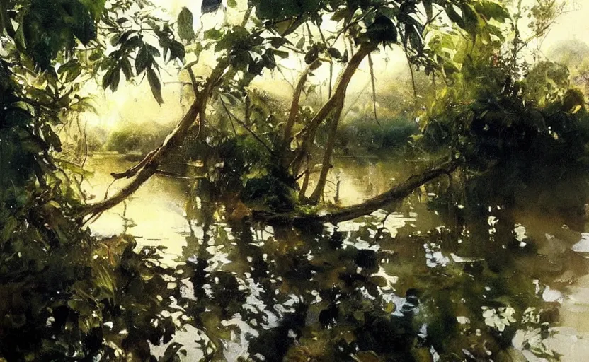 Image similar to oil painting lanscape by anders zorn, jungle nature, fruit trees, very very very very beautiful art, dramatic light, water reflections, aquarelle paint splashes and drips, drops