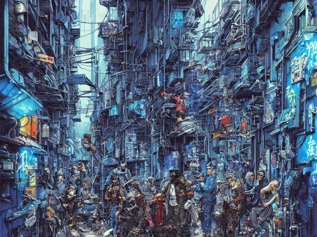 Prompt: a cyberpunk gang in the alleyway between buildings, graffiti, fine detail, intricate, polished, smooth, ultradetailed, blue color scheme, digital art, illustration, by john smith and noriyoshi ohrai
