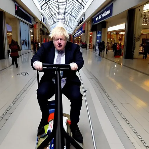 Prompt: Boris Johnson sitting inside a mall-shopping-cart riding downhill a very steep road