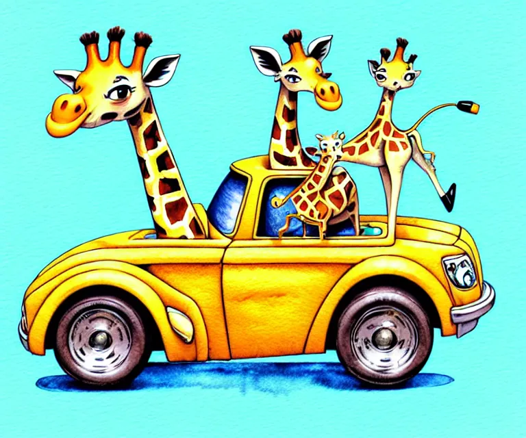 Image similar to cute and funny, giraffe riding in a tiny hot rod with oversized engine, ratfink style by ed roth, centered award winning watercolor pen illustration, isometric illustration by chihiro iwasaki, edited by range murata, tiny details by artgerm and watercolor girl, symmetrically isometrically centered, focused