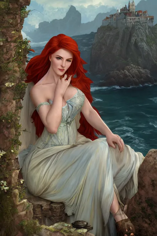 Prompt: a hyperdetailed matte painting of triss merigold as a princess asleep on a bed in a tower, sleeping beautry, window overlooking cliffs and crashing waves in the background, highly detailed, deep focus, elegant, digital painting, smooth, sharp focus, ultra realistic, 8 k, art by artgerm and alphonse mucha