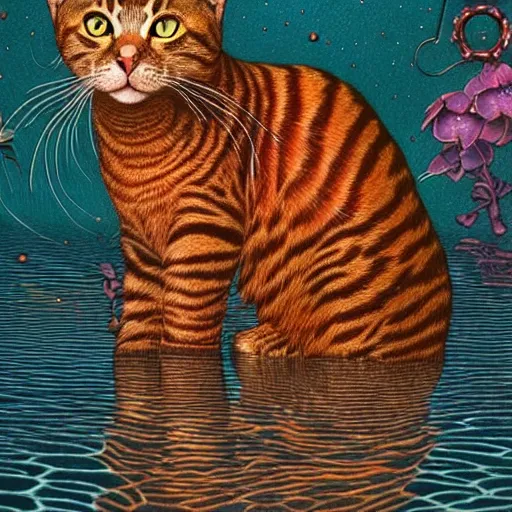Image similar to full shot of a cat walking on water and Casey Weldon and Chie Yoshii, rich colors, intricate, elegant, highly detailed, centered, digital painting, artstation, concept art, smooth, sharp focus, illustration