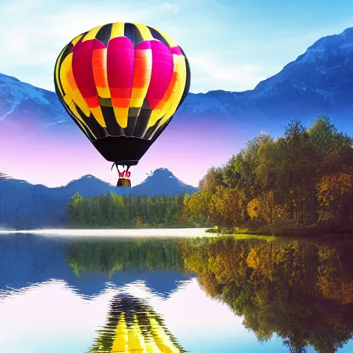 Image similar to photo of two black swans touching heads in a beautiful reflective mountain lake, a colorful hot air balloon is flying above the swans, hot air balloon, intricate, 8k highly professionally detailed, HDR, CGsociety