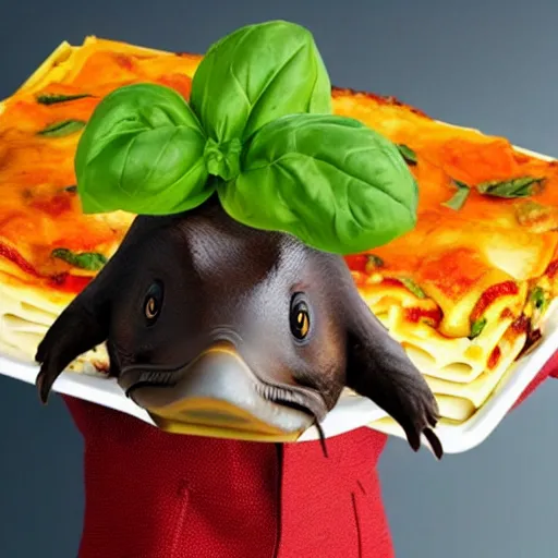 Image similar to cute platypus wearing a chef hat while holding a lasagna with three basil leaves over the lasagna