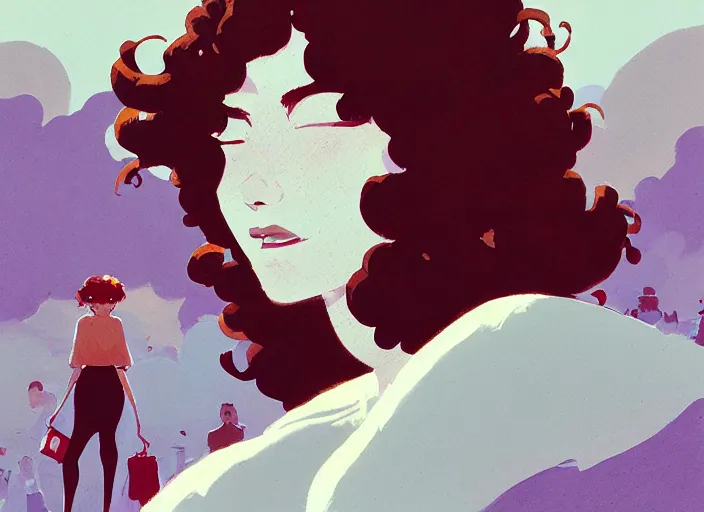 Image similar to portrait woman with short ginger curly hair in the crowd, by atey ghailan, by greg rutkowski, by greg tocchini, by james gilleard, by joe fenton, by kaethe butcher, by ashley wood, dynamic lighting, gradient light blue, brown, blonde cream and white color scheme, grunge aesthetic