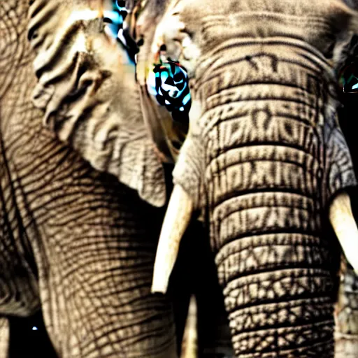 Image similar to a detailed, close - up photograph of an elephant with tiger skin