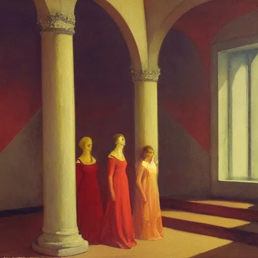 Prompt: procession of red and gold women in a soviet abandoned temple, dripping watercolor by hammershøi, highly detailed, art nouveau wallpaper, lights by edward hopper, liminal, eerie, pastel colors, limited palette