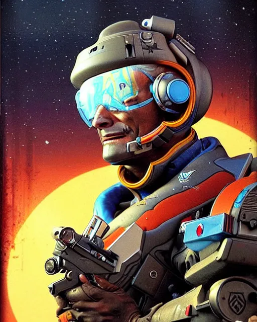 Image similar to soldier 7 6 from overwatch, character portrait, portrait, close up, concept art, intricate details, highly detailed, vintage sci - fi poster, retro future, in the style of chris foss, rodger dean, moebius, michael whelan, and gustave dore