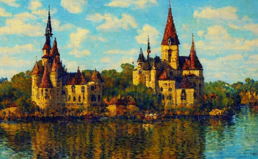 Image similar to a French impressionist oil painting of a lego castle