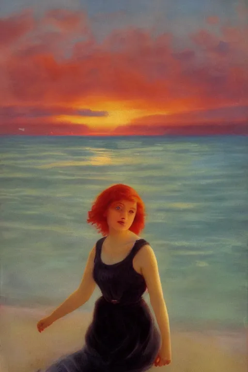 Image similar to a red haired young girl beach surreal, sunrise, dramatic light, vittorio matteo corcos