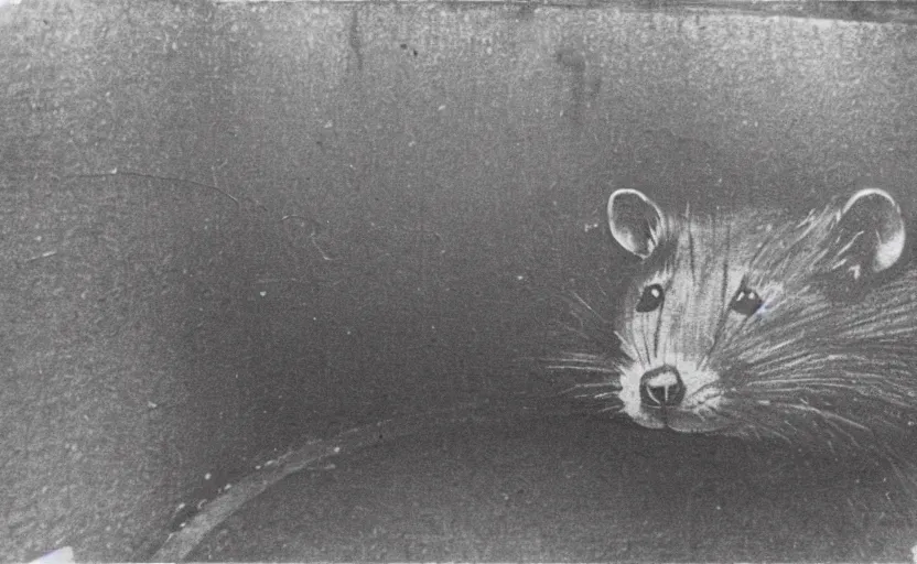 Image similar to old photo from 1 9 6 5. very large giant mutant antropomorphic rat in tonnel of moscow metro. extreme high detail. low light, scary atmosphere