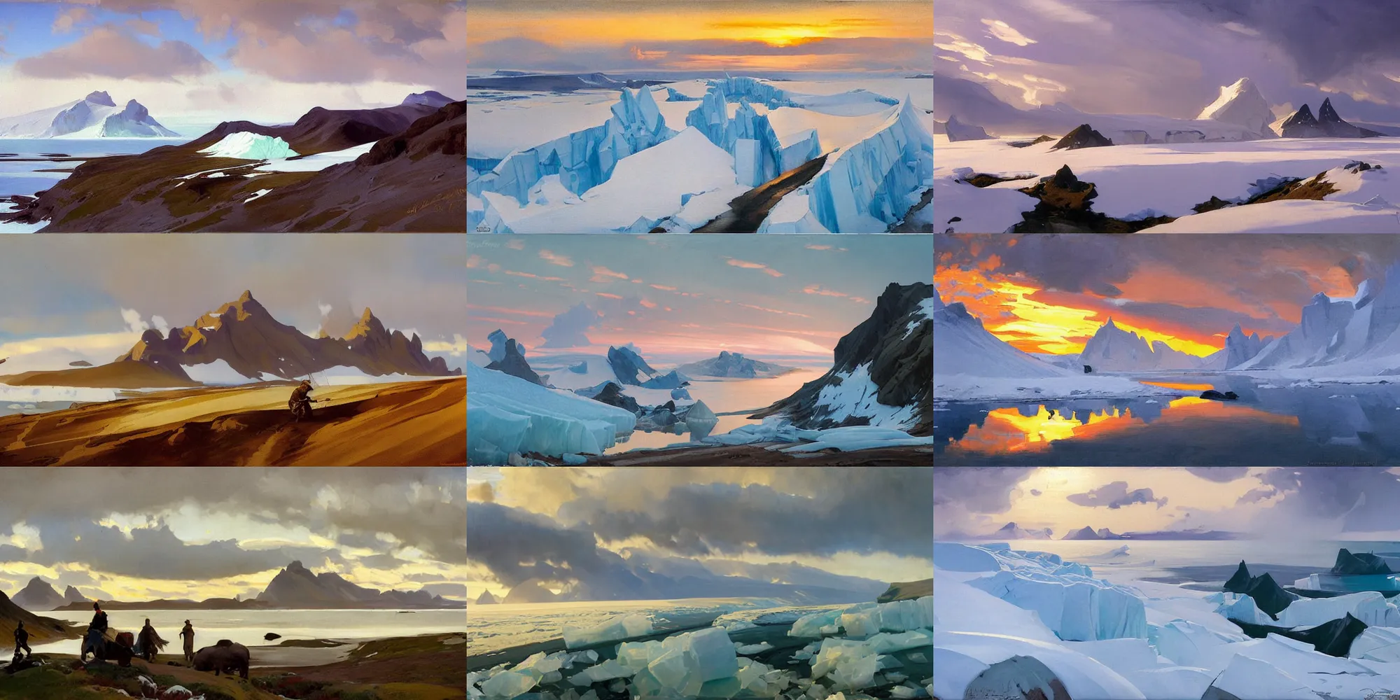 Image similar to painting by sargent leyendecker and gurney, rhads, vasnetsov, savrasov levitan polenov, middle ages, sunset sinrise, above the layered low clouds travel path road to sea bay view photo of greenland and iceland glacier and icebergs overcast sharpen details