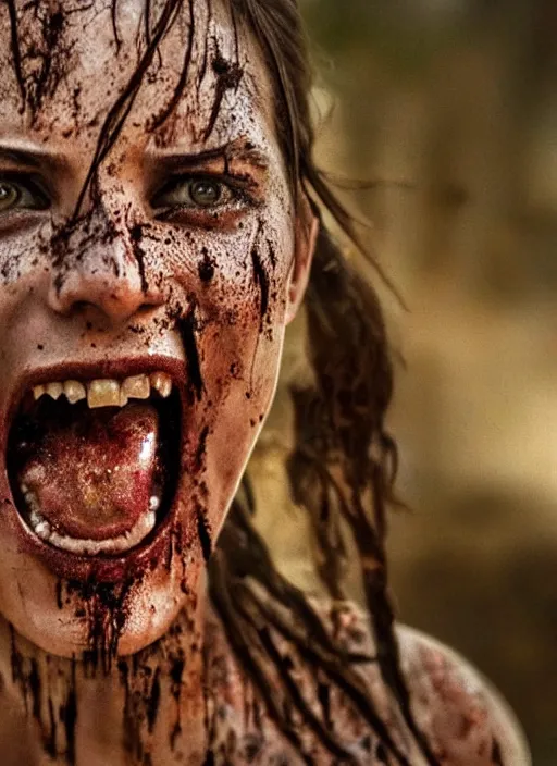 Image similar to a film still of lara croft screaming, her face muddy and sweat, direct sun light, close up potrait, cinematic,