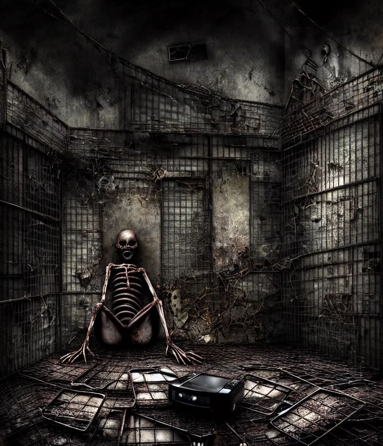 Image similar to Creepy huge suffering humanoid with long limbs sits on the floor and looks at the little old TV. An underground very dark gloomy multi-layered structure of rusty thick iron grates, dense chain-link fencing and peeling walls. Inside view, collapsed floors, bent rusted iron, masterpiece, black background, corners, cinematic, hyperdetailed, photorealistic, hyperrealism, octane render, 8k, depth of field, bokeh, architecture, shadows, art by Zdzisław Beksiński, Dariusz Zawadzki