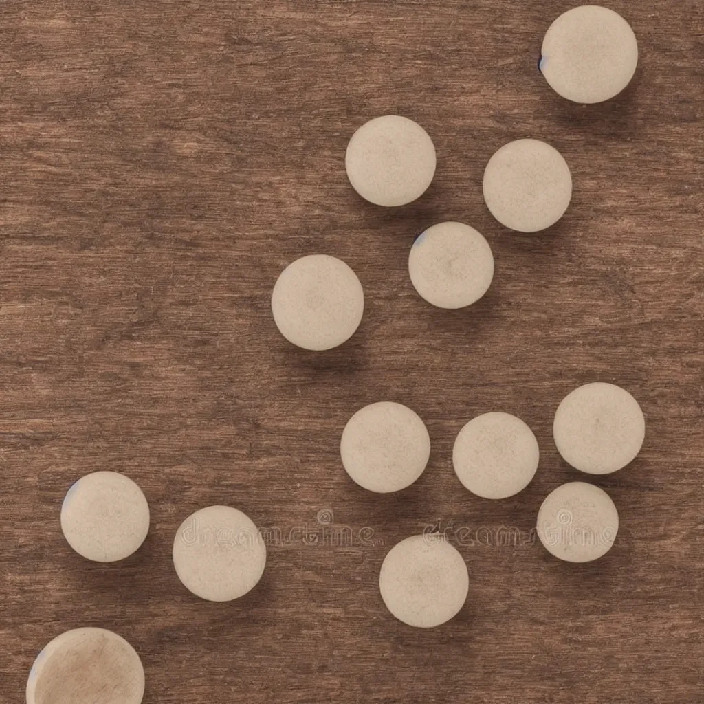 Image similar to 30-degree view of round pills on top of a wooden table, 8k, high detail, photorealistic, proper shading, stock photo