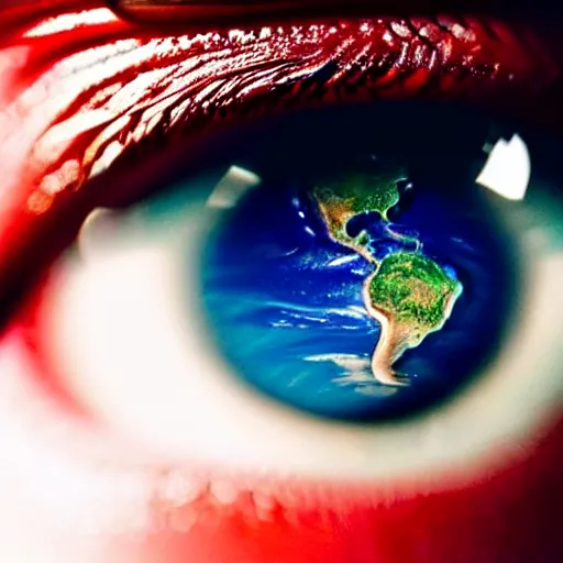 Image similar to an extreme closeup of an eye reflected in the eye is Earth shrinking away, highly reflective, realistic reflections, realistic lighting, photo realistic, awe inspiring