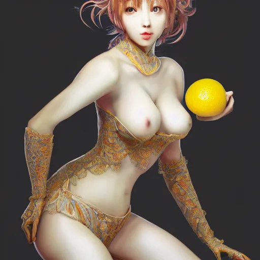 Image similar to the portrait of an absurdly beautiful, graceful, elegant, sophisticated, young gravure idol made up of lemons, an ultrafine hyperdetailed illustration by kim jung gi, irakli nadar, intricate linework, bright colors, octopath traveler, final fantasy, unreal engine 5 highly rendered, global illumination, radiant light, detailed and intricate environment