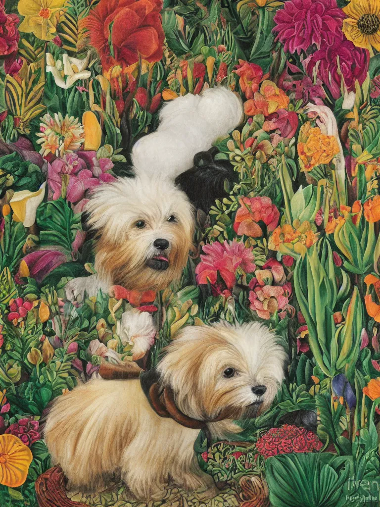 Image similar to a cream colored havanese dog, surreal background, plants and flowers, mexican art, naive art, by frida kahlo
