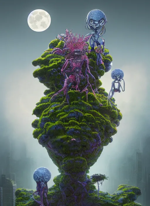 Image similar to blockchain headquater nendroid ginoid by zdzislaw beksinski and hajime sorayama lush plants and spiky bones everywhere, the moon is big an in the city, glowing paper lanterns, high fashion, magic details, by james jean, hd, 8 k, trending on artstation, uhd