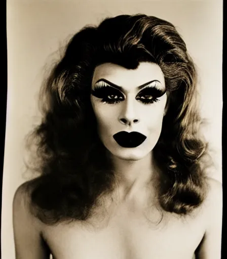 Image similar to a high quality, high detail, portrait of a drag queen by richard avedon, intense look in the eyes, moody, nostalgic