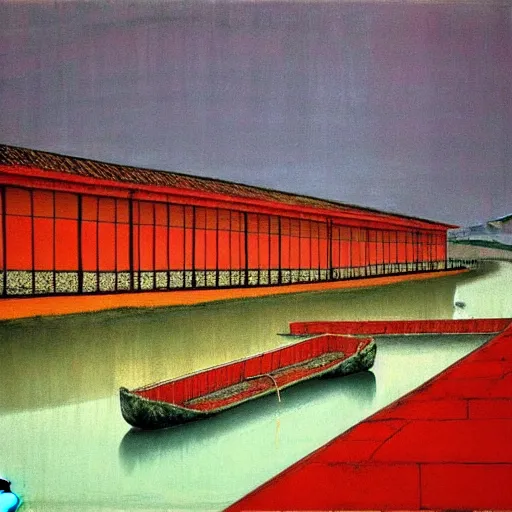 Image similar to a chinese prison near a river by peter doig, muted colors