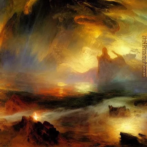 Image similar to political cartoon robust, atmospheric by thomas moran. conceptual art. paralyzed by the indescribable beauty of the cosmos.