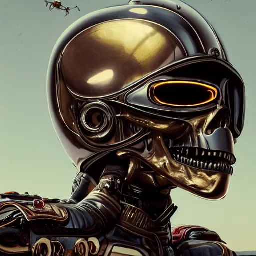 Image similar to a portrait of an anthropomorphic vintage skull in a racing helmet by sandra chevrier, detailed render, epic composition, cybernetics, 4 k realistic, cryengine, realistic shaded lighting, sharp focus, masterpiece, by matteo scalera, gary montalbano, peter elson in the style of the tokyo ghost comic