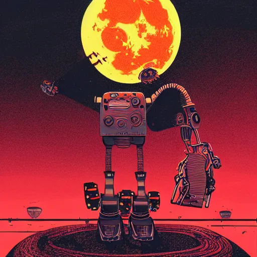 Prompt: illustration of a robot playing guitar in a ruined burning street by kilian eng, katsuhiro otomo and jean giraud moebius, biomechanical, nightime, blood moon