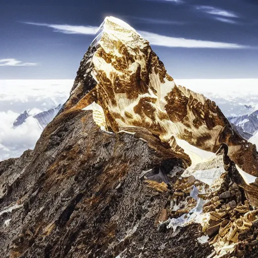 Prompt: a golden helemt is sitting on the peak of mount everest, clear focus, bokeh effect, high res, hasselblad, dslr