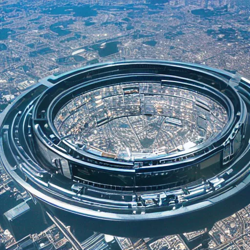 Image similar to a giant ring-shaped space station encircling a modern city hovering above the city, the ring is horizontal, surrounding the city, there are thick clouds surrounding the ring. In the center of the ring is clear blue sky