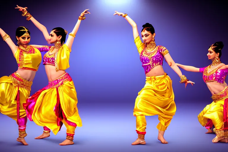 Prompt: still photo of bollywood dancers dancing, wearing silk cloth in whole body, highly detailed, photorealistic portrait, bright studio setting, studio lighting, crisp quality and light reflections, unreal engine 5 quality render