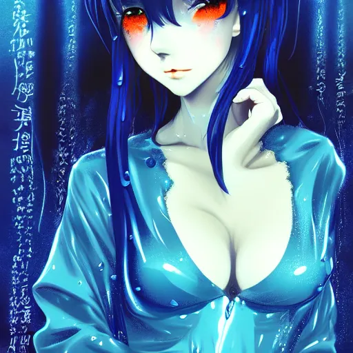 Prompt: beautiful seductive slime - girl, in the rain, highly detailed, painting, dark blue and black color palette, intricate, high quality anime artstyle, in the style of ilya kuvshinov