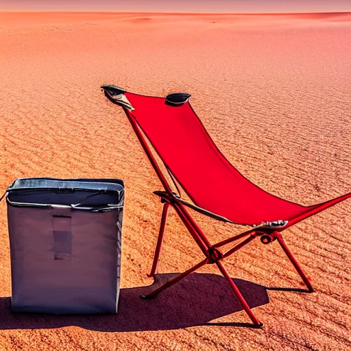 Prompt: a red camping chair in the middle of the sahara desert. the chair is 2 0 feet away from the camera.