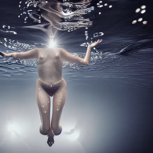 Image similar to beautiful centered fine art photo portrait of hoyeon jung as a solarpunk robotic humanoid treading above water, white mechanical parts with led lights, ultra - detailed and intricate, white background, sun lighting, soft focus, slow exposure hdr 8 k