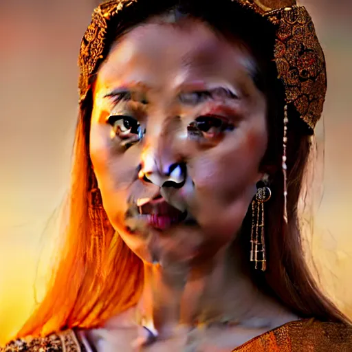 Image similar to photographic portrait of a stunningly beautiful renaissance mongol female in traditional dress in soft dreamy light at sunset, contemporary fashion shoot, by edward robert hughes, annie leibovitz and steve mccurry, david lazar, jimmy nelsson, breathtaking, 8 k resolution, extremely detailed, beautiful, establishing shot, artistic, hyperrealistic, beautiful face, octane render