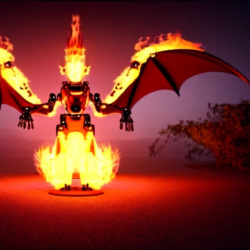 Prompt: an illustration of the full body of a robotic anthromorphic dragon emitting flames from its hands, floating off the ground, photorealistic 3D render, coherent like Dall-E 2