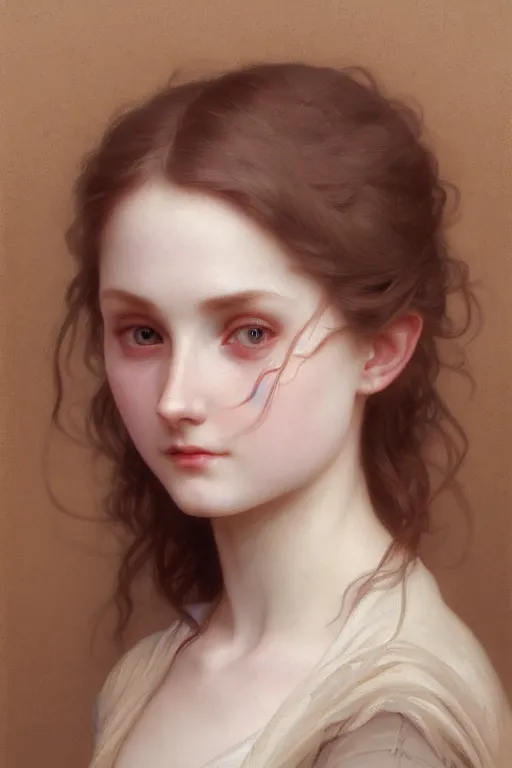 Image similar to Portrait of beautiful pale peasant girl, cinematic lighting, intricate, elegant, highly detailed, digital painting, artstation, smooth, sharp focus, illustration, art by artgerm and greg rutkowski and alphonse mucha and Wayne Barlowe and william-adolphe bouguereau