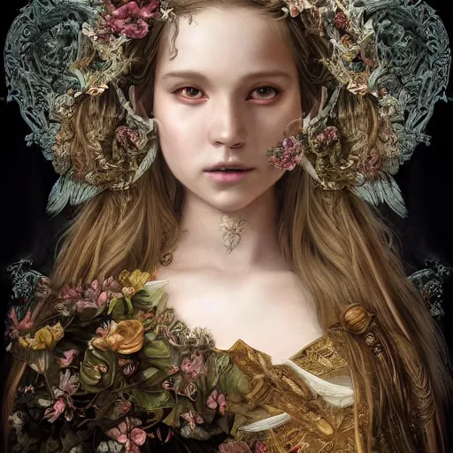 Image similar to A masterpiece ultrarealistic ultradetailed portrait of a Incredibly beautiful angel princess with Skull Iron mask. baroque renaissance girl in the night forest. medium shot, intricate, elegant, highly detailed. trending on artstation, digital art, by Stanley Artgerm Lau, WLOP, Rossdraws, James Jean, Andrei Riabovitchev, Marc Simonetti, Yoshitaka Amano. background by James Jean and Gustav Klimt, light by Julie Bell, 4k, porcelain skin.