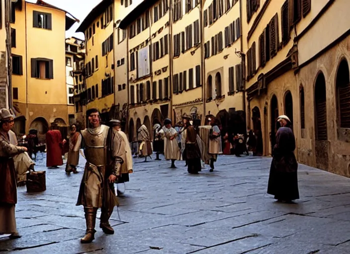 Image similar to street scene from a 2 0 1 0 film set in 1 4 5 0 showing florence italy